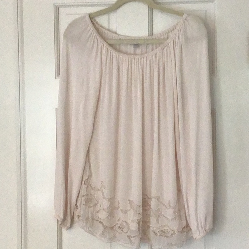 Top, Dtlm, sheer off the shoulder ,lined crepe with cutout detail, sparkle beads